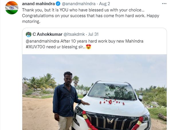 anand mahindra reply to man who bought mahindra xuv700 car 