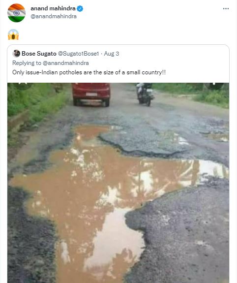 anand mahindra reacts to pothole in roads with smiley