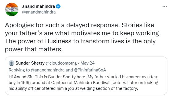 anand mahindra reply after two months for twitter user comment