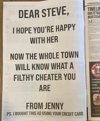 woman gets full page ad printed in newspaper about her partner