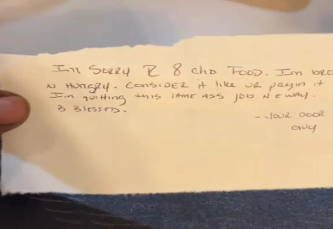 man orders food in online receive parcel with letter