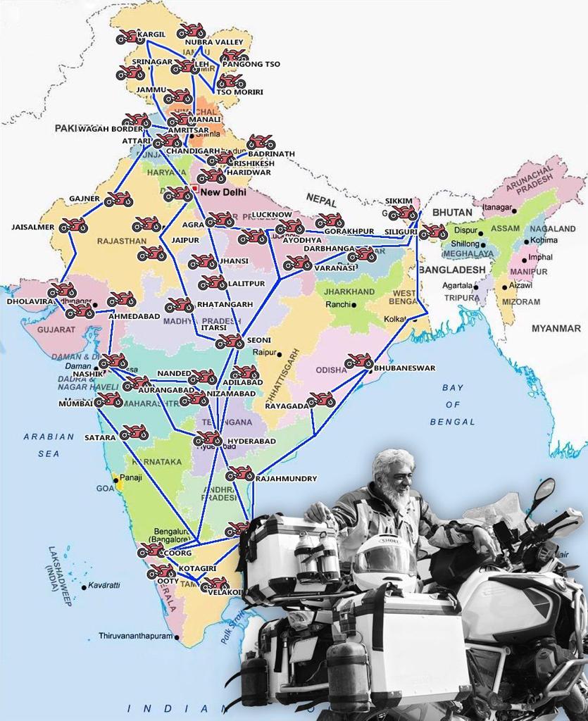 Actor Ajith Kumar AK All india bike tour cities map