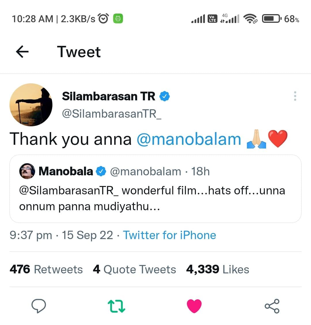 Actor Manobala tweet about VTK movie and Silambarasan TR