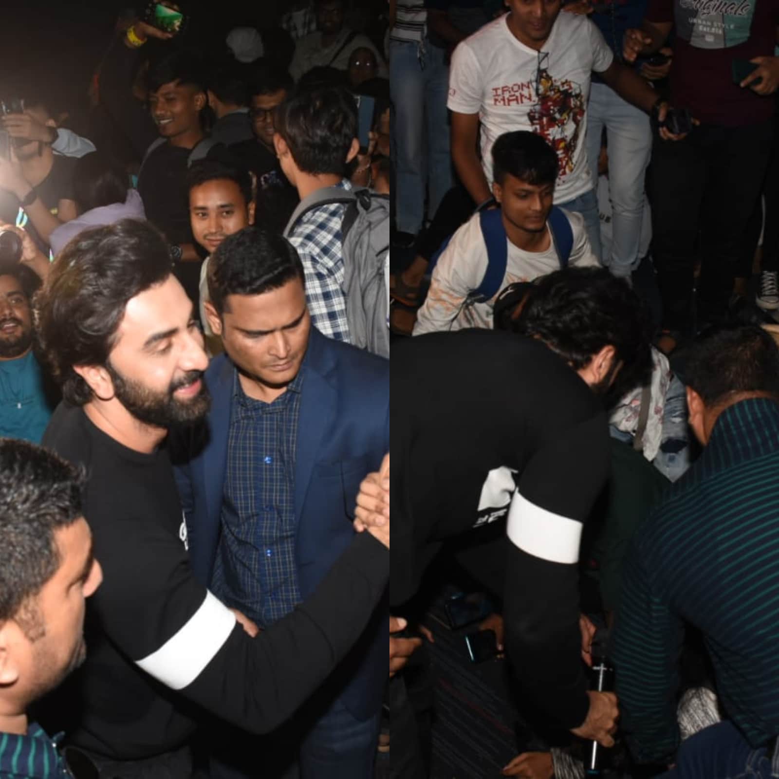fans take selfie with ranbir kapoor and fell down actor helps