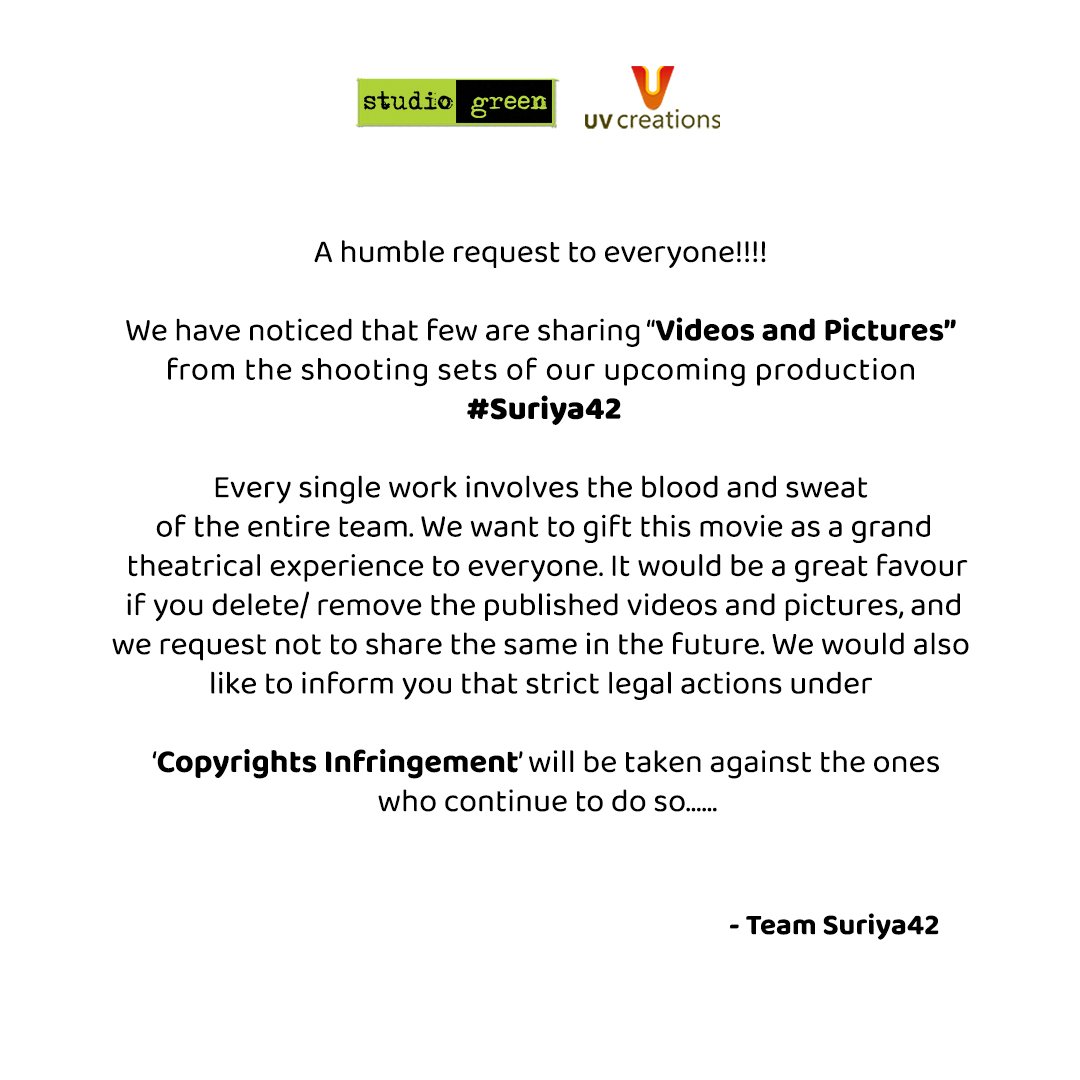 Suriya 42 Movie Studio Green Statement Regarding Shooting