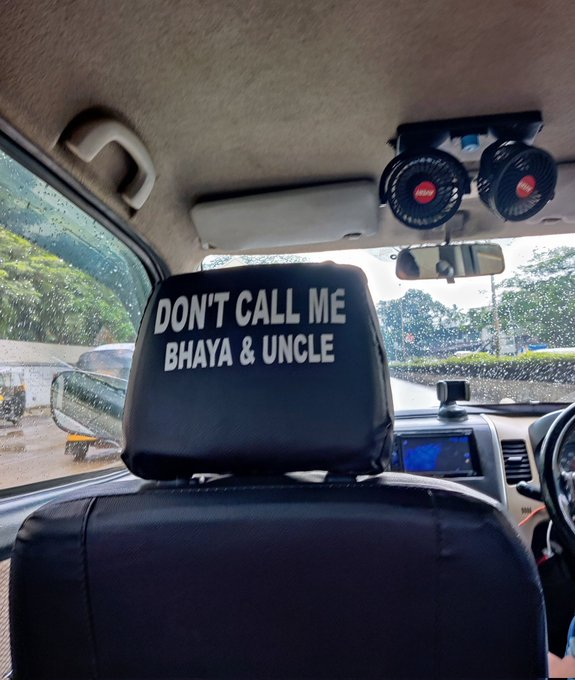 Do not call me Bhaya and Uncle Uber driver notice on car seat