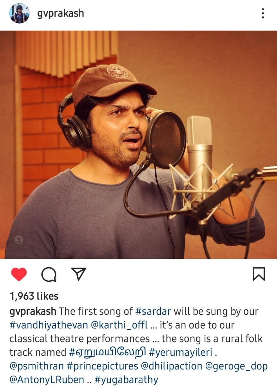 The first song of sardar will be sung by karthi GV Prakash musical