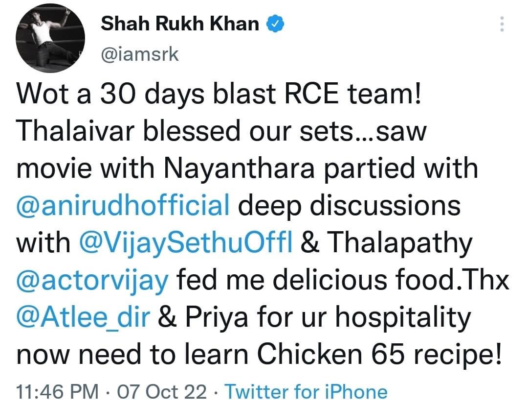 Shah Rukh Khan Tweet about Vijay Atlee Anirudh Rajinikanth