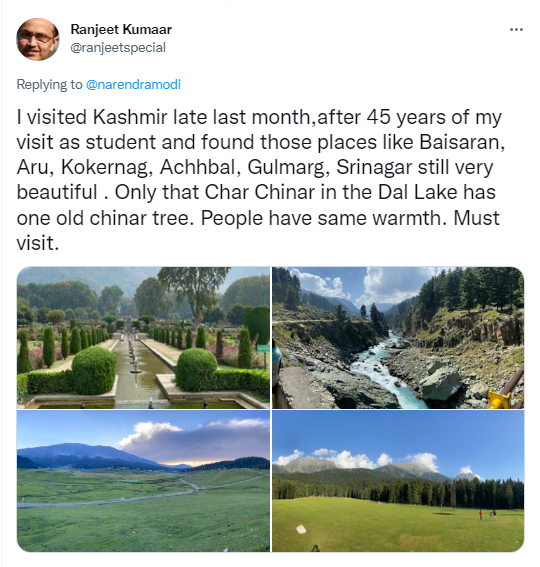PM Modi reply to Twitter User about his Visit to Kashmir post