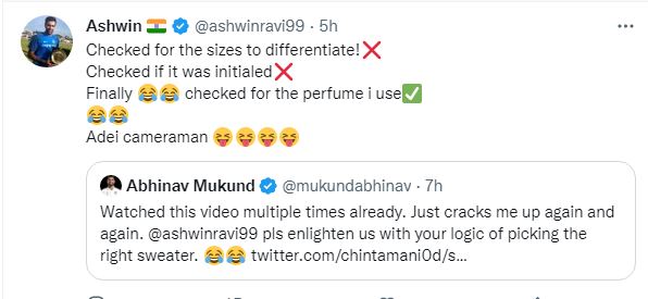 ravichandran ashwin reacts to smelling sweater during match
