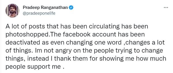 Pradeep ranganathan clarified about social media posts