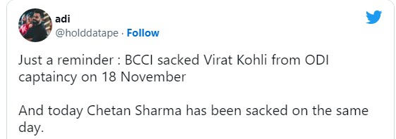 then BCCI Sacked kohli now chetan sharma sacked fans trending 