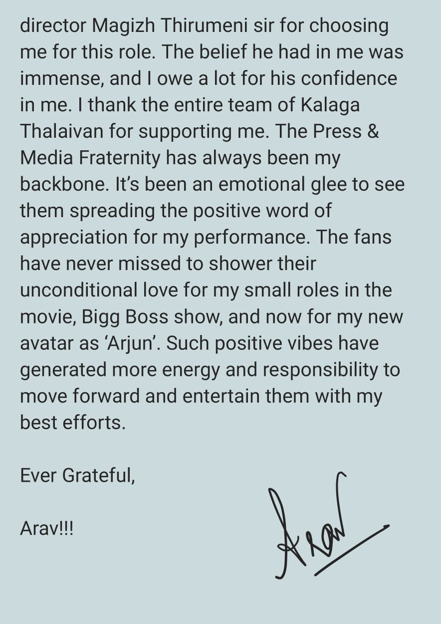 BIGGBOSS Arav Statement about Kalaga Thalaivan Movie 