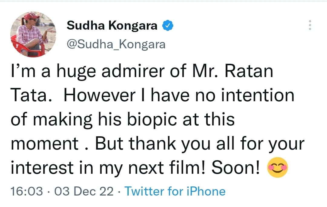 Sudha Kongara Tweet about Ratan Tata BioPic Movie