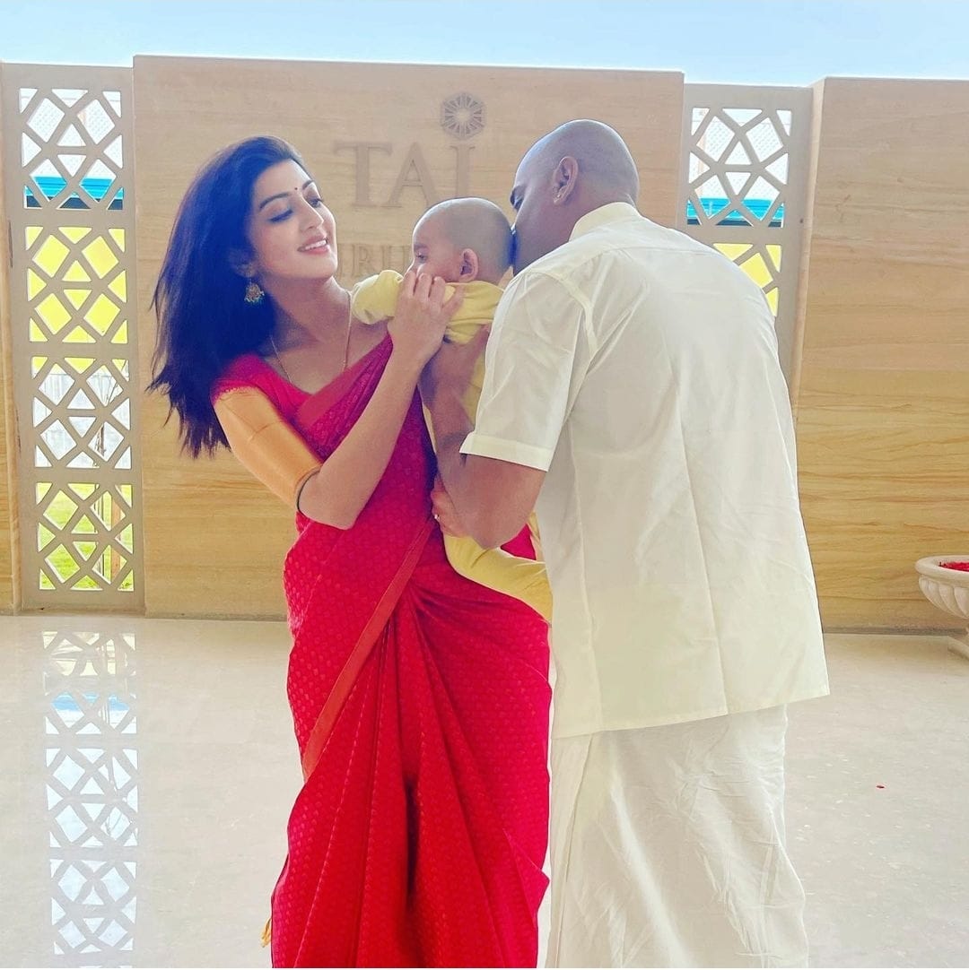 Pranitha Subhash with Her Husband and Daughter at Tirupati