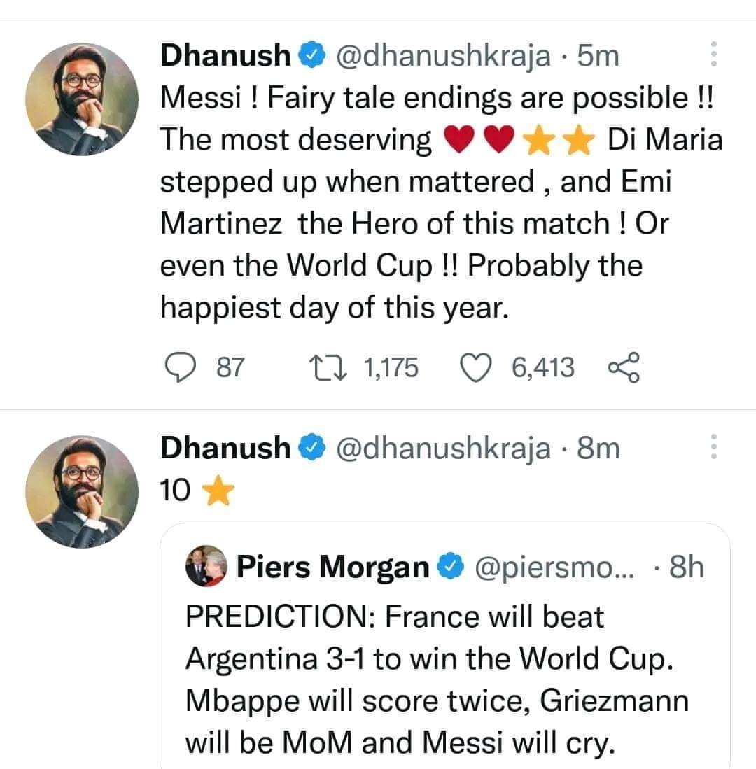 Dhanush Tweet about FIFA World Cup Final Argentina Champion