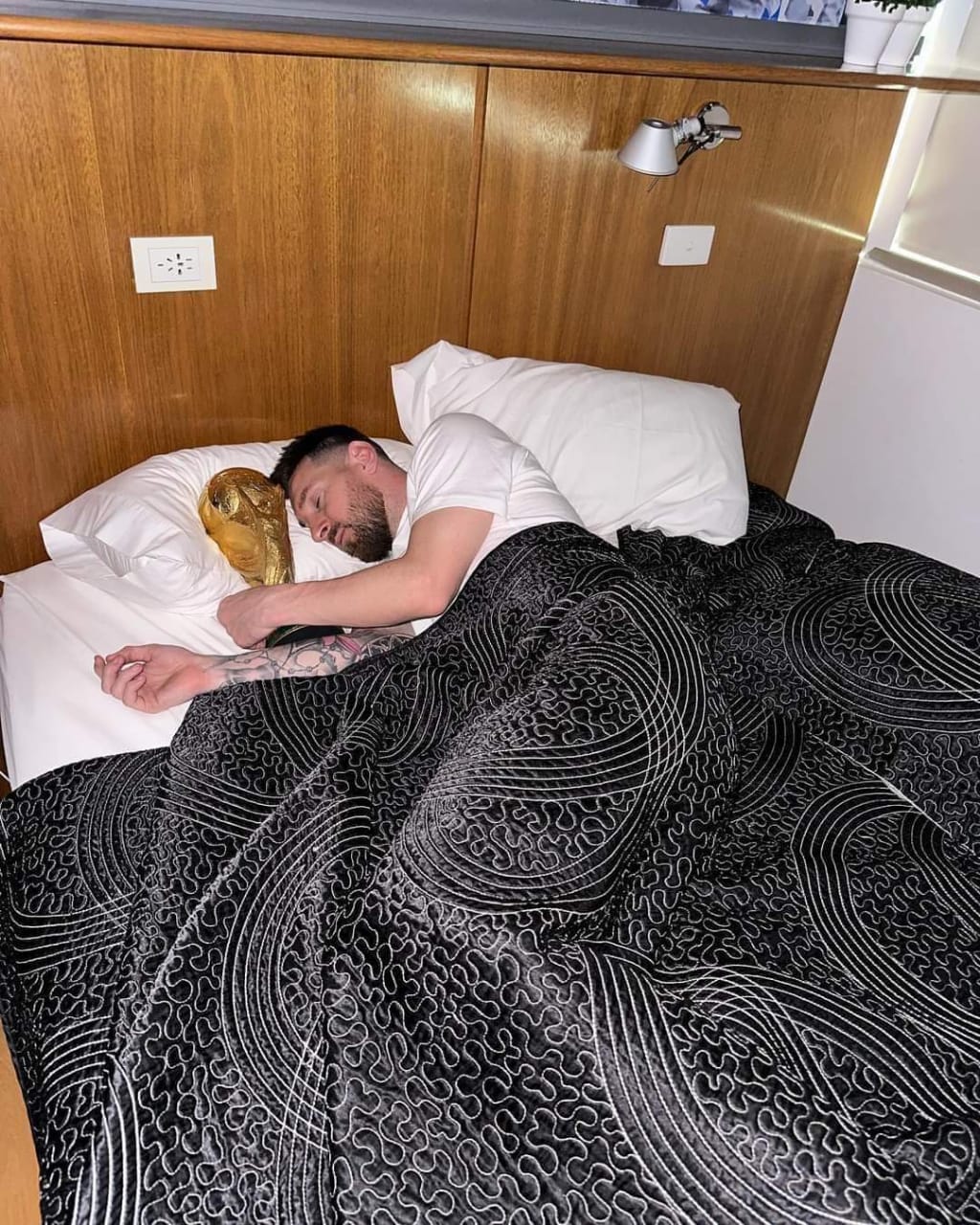 Lionel Messi Sleeping with FIFA World Cup Trophy 