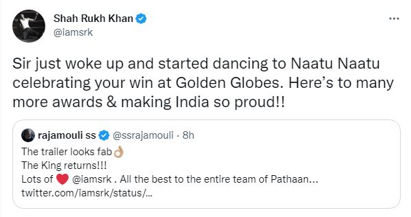 Shah rukh khan tweets about Naatu naatu song win golden globe awards