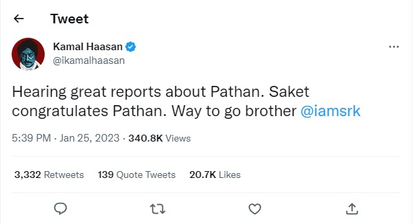 Kamal Haasan Tweet about Shahrukh Khan Pathaan Movie
