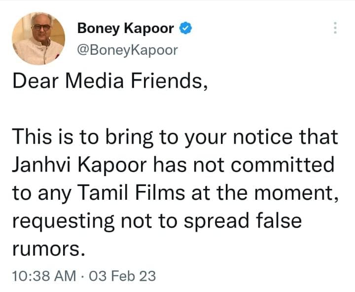 Boney Kapoor Clarification Tweet about Janhvi Kapoor Kollywood Debut