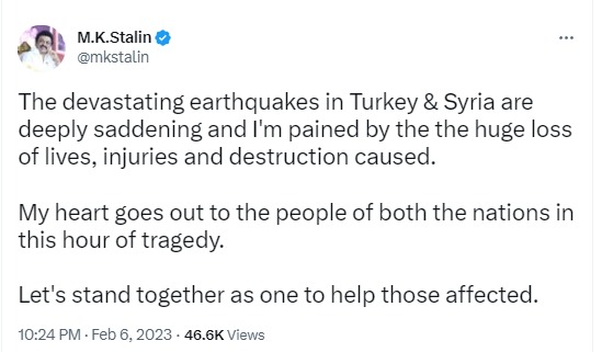 MK Stalin emotional tweet Over Turkey & Syria earthquakes
