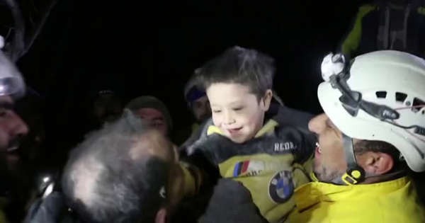 Syria Earth quake boy pulls out from demolished house video
