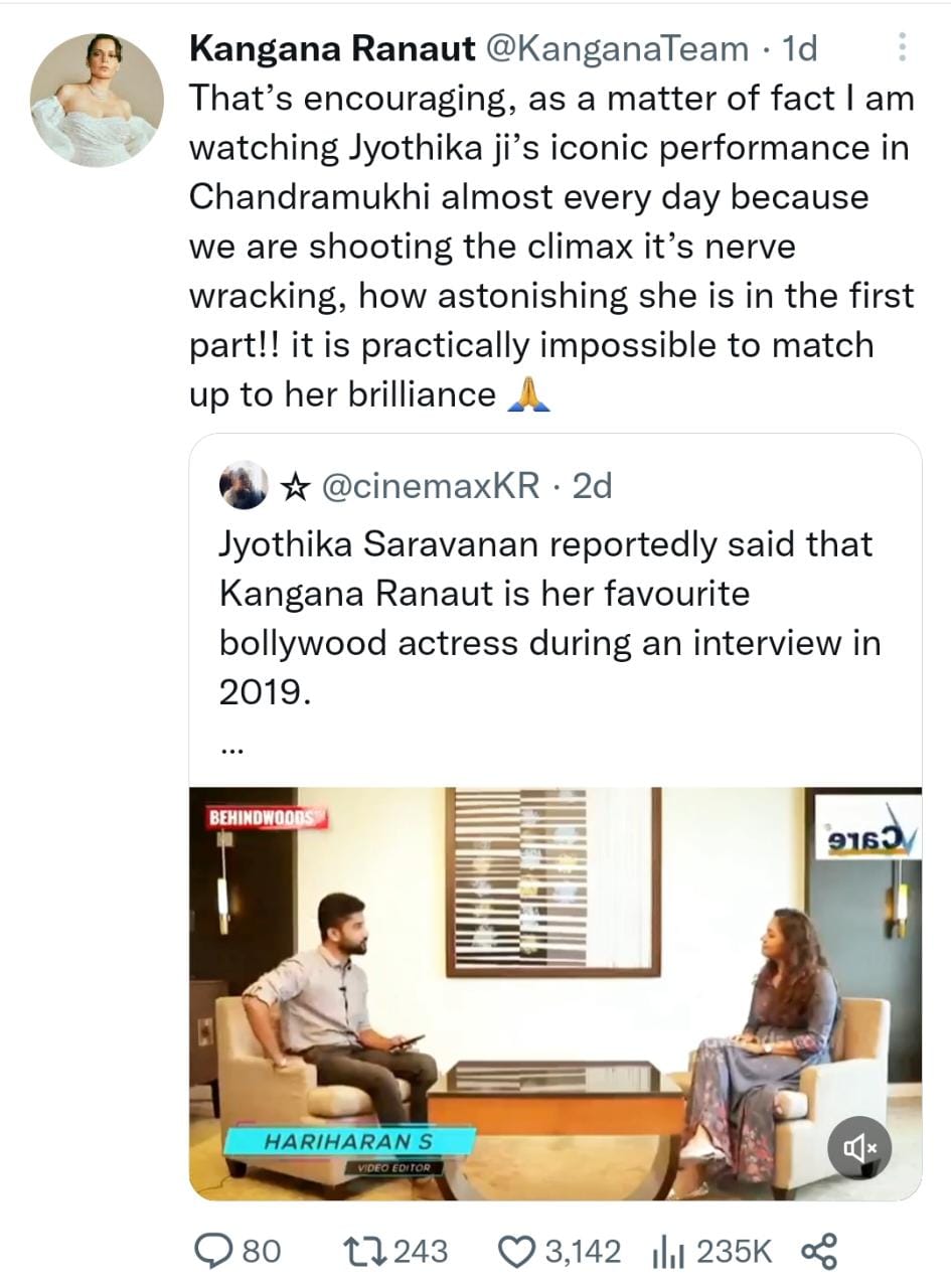 Kangana Ranaut Tweet about actress Jyothika performance in chandramukhi