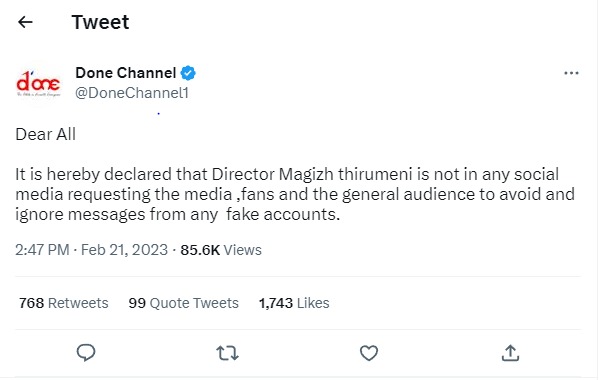 Suresh Chandraa D one Channel Tweet about Magizh Thirumeni fake accounts