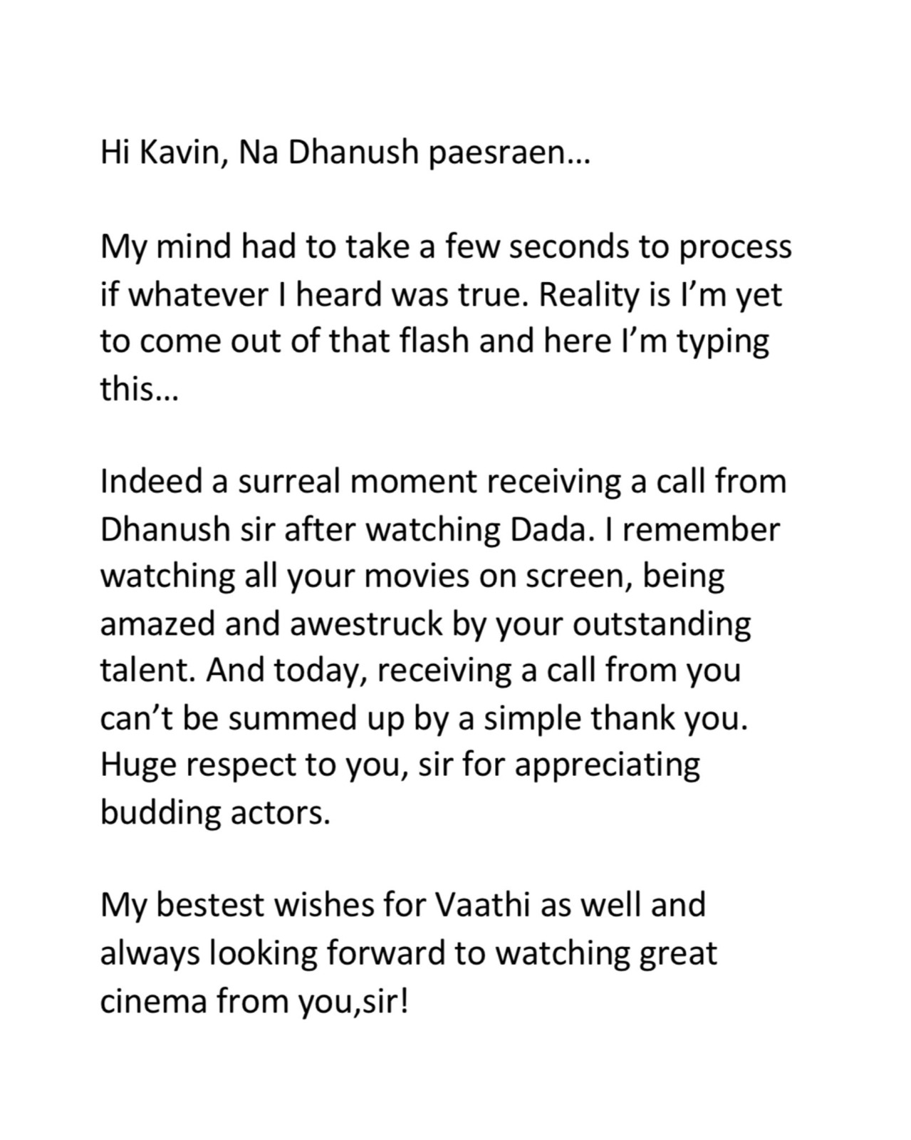 Actor Dhanush Phone Call to Kavin after watching Dada