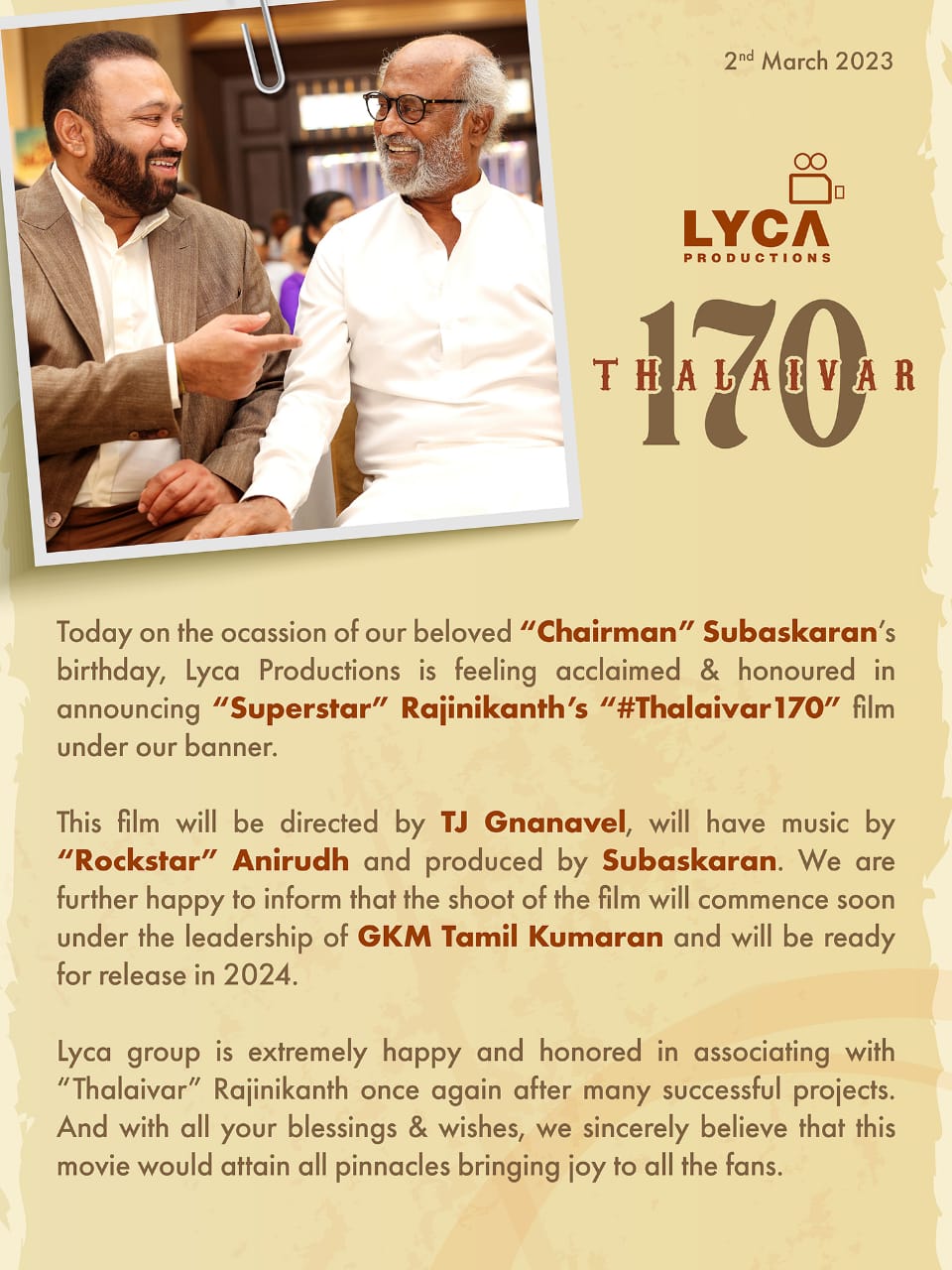 Rajinikanth Next 170th Film Official Announcement TJ Gnanavel