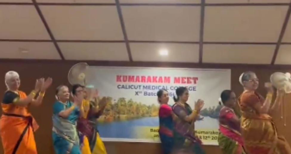 Eledrly Female doctors dance for trend song in college reunion