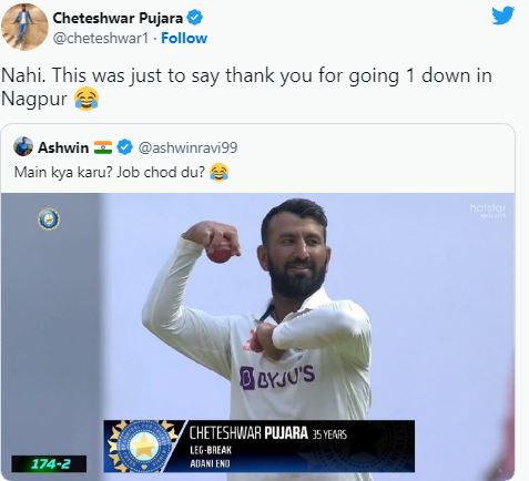 Ravichandran ashwin reaction on pujara bowling batsman reacts