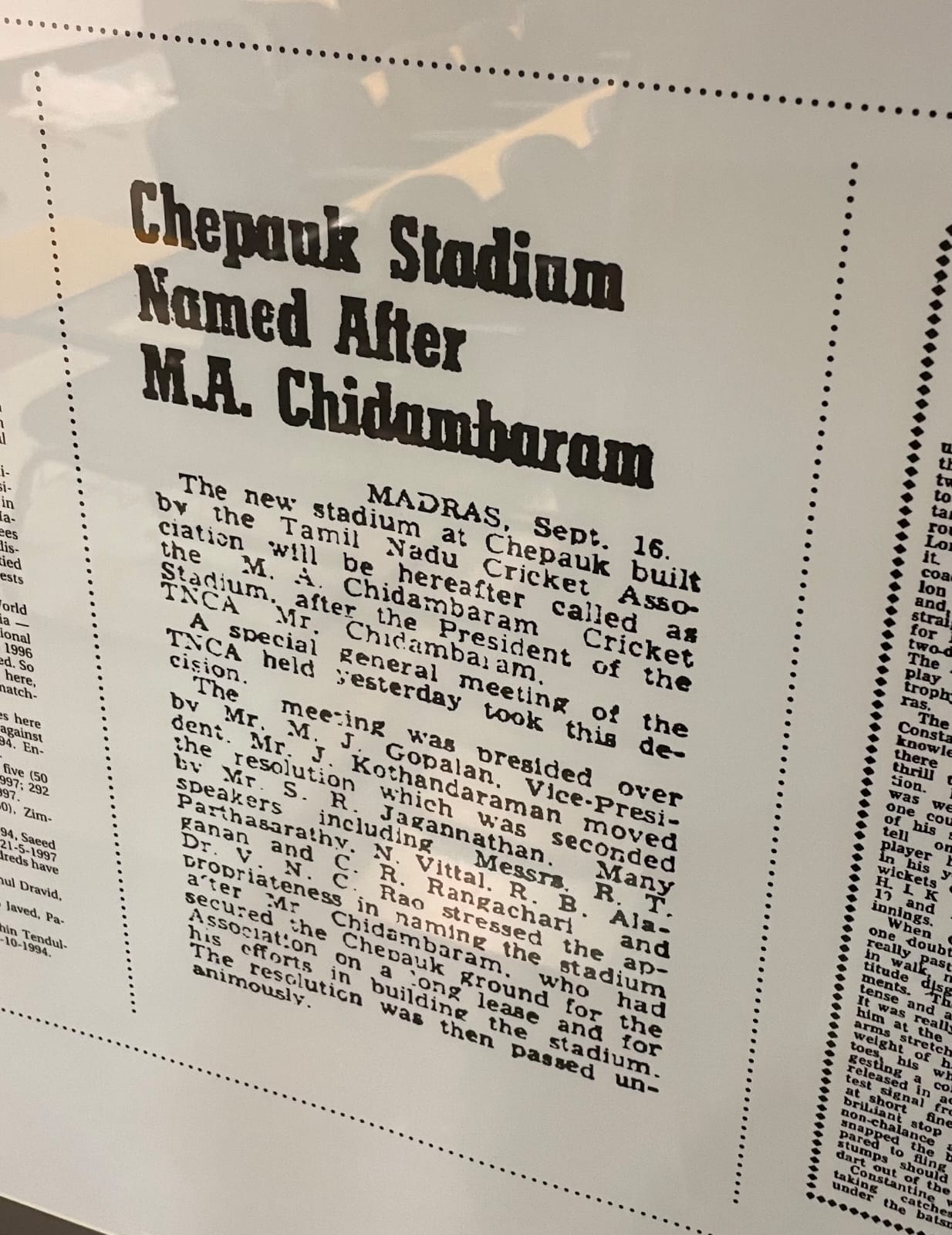 Chennai MA Chidambaram Stadium Stand Named as Karunanidhi Stand