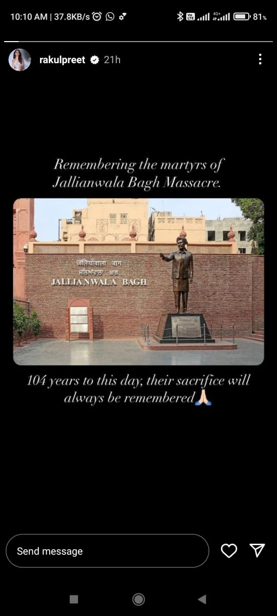 Rakul Preet Singh Post about Jallianwala Bagh Massacre